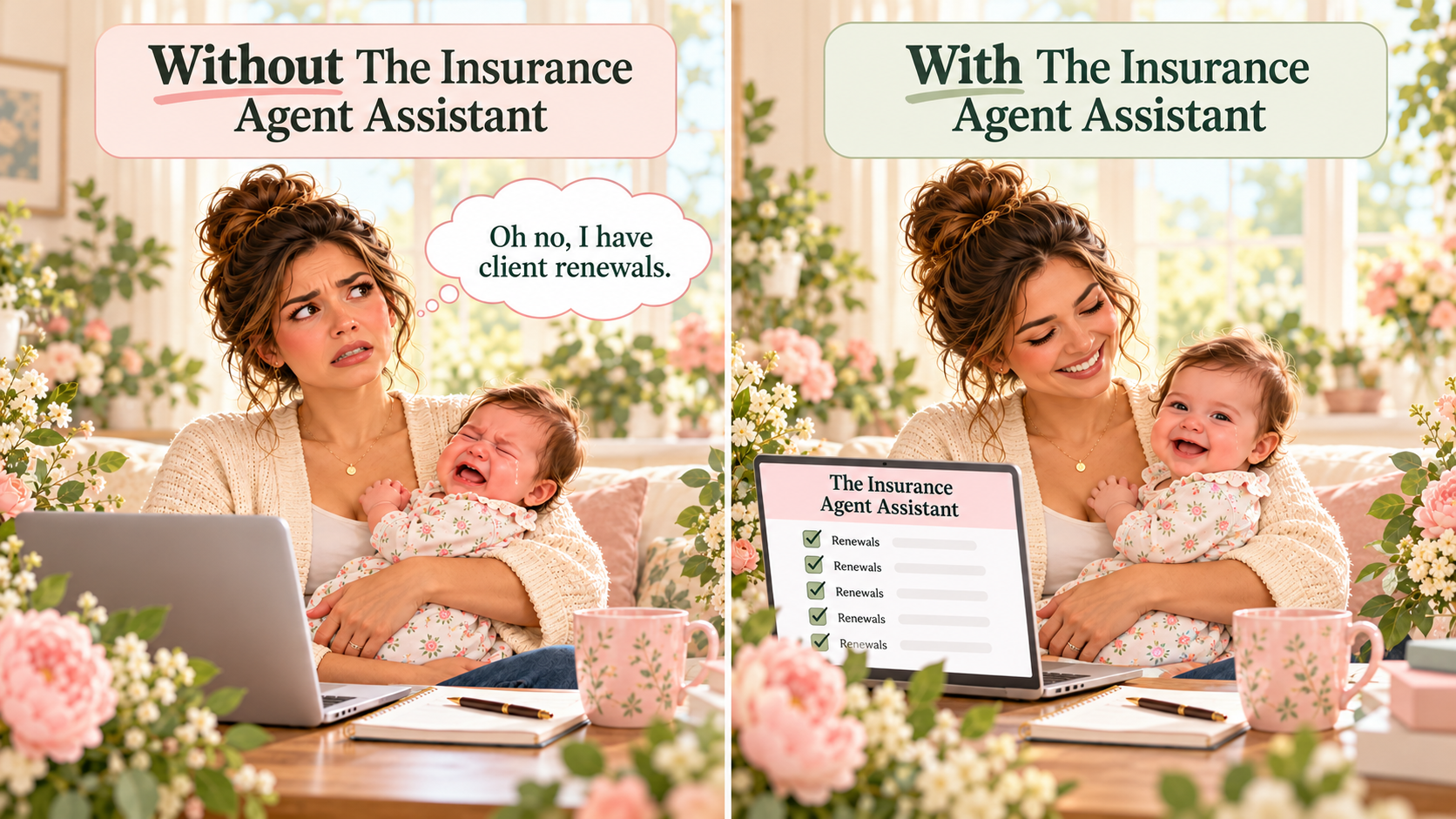 Illustrated comparison: a worried insurance agent holds her crying baby; with The Insurance Agent Assistant visible, the same mother and baby smile. This is an illustrative scene, not a customer testimonial.
